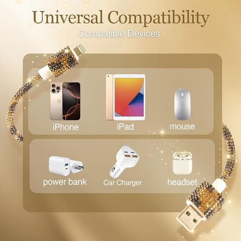 USB Cable for iPhone 14 Charger Cord, 3.3 ft Bling Diamond Rhinestone Cord, 66W Fast Charging USB A to iOS Charger for iPhone 14 Pro/13 Pro Max/128/11, iPad Pro in Kuwait