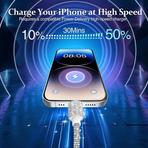 USB Cable for iPhone 14 Charger Cord, 3.3 ft Bling Diamond Rhinestone Cord, 66W Fast Charging USB A to iOS Charger for iPhone 14 Pro/13 Pro Max/128/11, iPad Pro in Kuwait