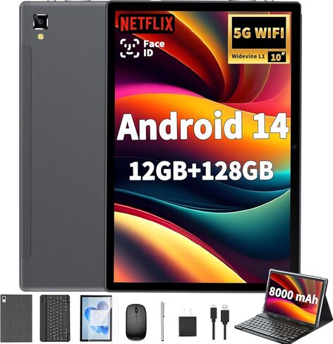 Android 14 Tablet with Keyboard - 10 inch Tablet, 12GB RAM, 128GB ROM (1TB Expand), 5G/2.4G WiFi, 8000mAh, BT 5.0, GMS Certified, with Mouse, Case, Stylus, Support Split screen, Face ID(Black) in Saudi Arabia