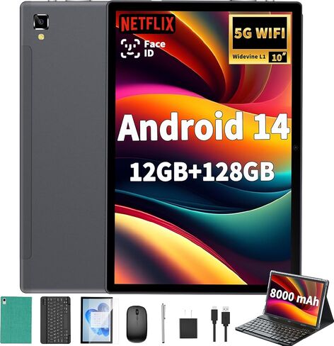 Android 14 Tablet with Keyboard - 10 inch Tablet, 12GB RAM, 128GB ROM (1TB Expand), 5G/2.4G WiFi, 8000mAh, BT 5.0, GMS Certified, with Mouse, Case, Stylus, Support Split screen, Face ID(Black) in Saudi Arabia