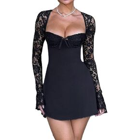 Women 's Elegant Bodycon Dress Lace Patchwork Long Sleeve Low Cut Mini Dress Backless Tie-up Going Out Dress in Kuwait