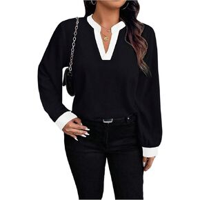 Soly Hux Women's Plus Tops Latched V Neck Long Sleeve Block Block Disual Work Plouse in Kuwait