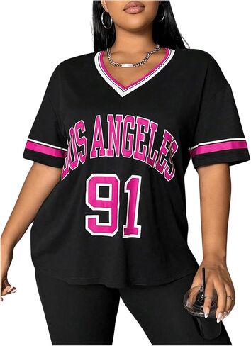 Soly Hux Women's Plus Size قمصان القمصان رقم رسالة الرسومات المحملات V الرقبة قصيرة الأكمام فضفاضة y2k قمم in Saudi Arabia