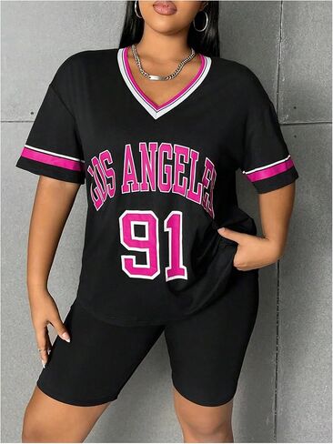 Soly Hux Women's Plus Size قمصان القمصان رقم رسالة الرسومات المحملات V الرقبة قصيرة الأكمام فضفاضة y2k قمم in Saudi Arabia