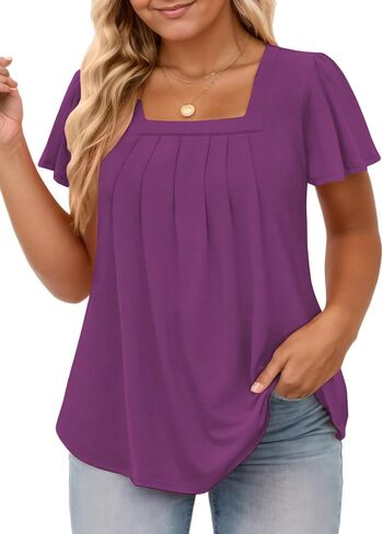 VISLILY Womens-Plus-Size-Summer-Tops Casual Ruffle Sleeve T Shirts Trendy Square Neck Tunics Loose Comfy Pleated Tees in Saudi Arabia
