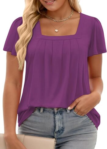 VISLILY Womens-Plus-Size-Summer-Tops Casual Ruffle Sleeve T Shirts Trendy Square Neck Tunics Loose Comfy Pleated Tees in Saudi Arabia