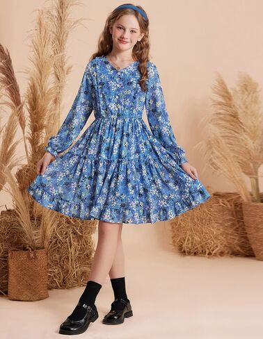 GRACE KARIN Girls Fall Floral Dresses 6-14Y Kids Winter Christmas Party Long Sleeve Holiday Hawaiian Flower Dress in Saudi Arabia