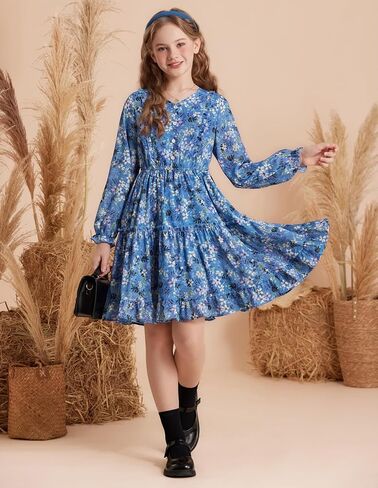GRACE KARIN Girls Fall Floral Dresses 6-14Y Kids Winter Christmas Party Long Sleeve Holiday Hawaiian Flower Dress in Saudi Arabia