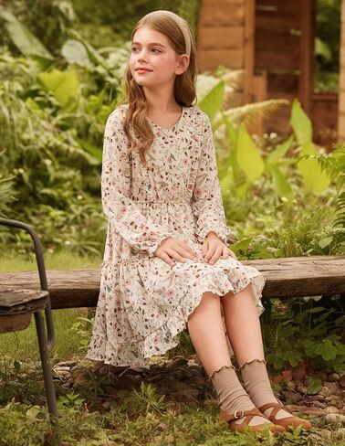 GRACE KARIN Girls Fall Floral Dresses 6-14Y Kids Winter Christmas Party Long Sleeve Holiday Hawaiian Flower Dress in Saudi Arabia