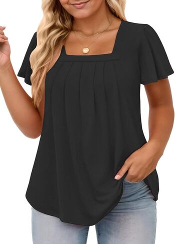 VISLILY Womens-Plus-Size-Summer-Tops Casual Ruffle Sleeve T Shirts Trendy Square Neck Tunics Loose Comfy Pleated Tees in Saudi Arabia