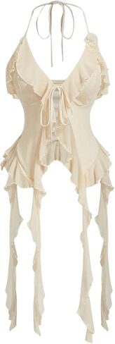 MakeMeChic Women's Floral Halter Top Tie Front Y2K Backless Ruffle Trim Fringe Camisole in Saudi Arabia