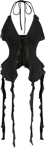 MakeMeChic Women's Floral Halter Top Tie Front Y2K Backless Ruffle Trim Fringe Camisole in Saudi Arabia