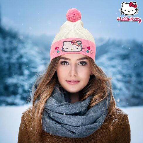 Hello Kitty Beanie Cap للنساء والبنات | Sanrio Winter Pom Pom Hats | كاواي القط | مقاس واحد | مرخص رسميا in Kuwait
