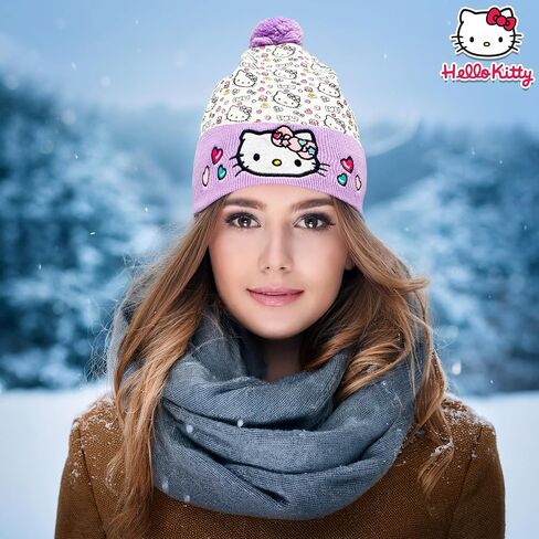 Hello Kitty Beanie Cap للنساء والبنات | Sanrio Winter Pom Pom Hats | كاواي القط | مقاس واحد | مرخص رسميا in Kuwait
