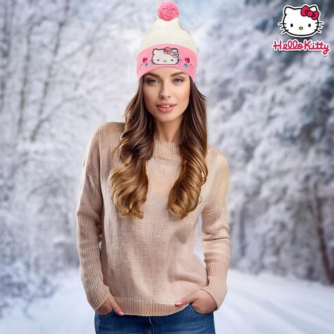 Hello Kitty Beanie Cap للنساء والبنات | Sanrio Winter Pom Pom Hats | كاواي القط | مقاس واحد | مرخص رسميا in Kuwait