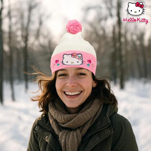 Hello Kitty Beanie Cap للنساء والبنات | Sanrio Winter Pom Pom Hats | كاواي القط | مقاس واحد | مرخص رسميا in Kuwait