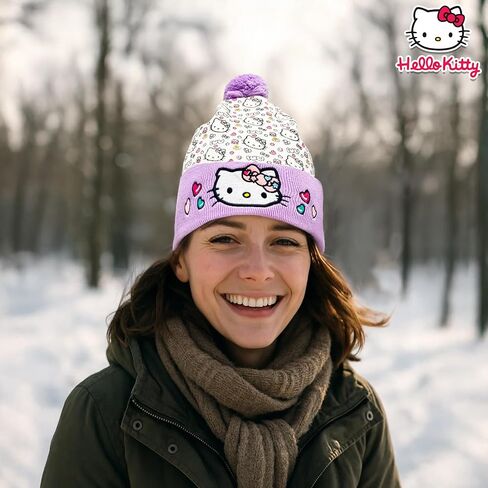 Hello Kitty Beanie Cap للنساء والبنات | Sanrio Winter Pom Pom Hats | كاواي القط | مقاس واحد | مرخص رسميا in Kuwait