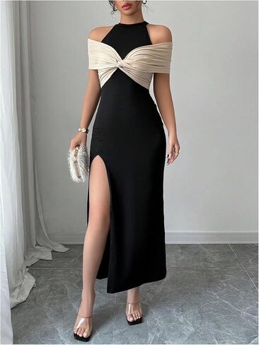 Gorglitter المرأة الكتف الباردة bodycon maxi فستان بلا أكمام بلوك بلوك الصيف التخرج الكوكتيل الطويل فستان طويل in Saudi Arabia