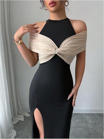Gorglitter المرأة الكتف الباردة bodycon maxi فستان بلا أكمام بلوك بلوك الصيف التخرج الكوكتيل الطويل فستان طويل in Saudi Arabia