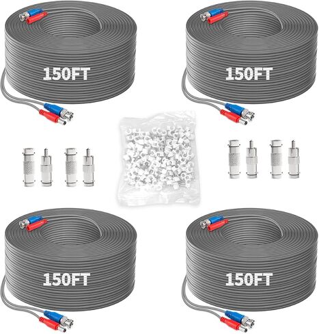 OOSSXX (4×150 Feet) Video Power Cable BNC Extension Outdoor Wired Surveillance Camera All-in-One Cables for CCTV Security Cameras DVR System with 4xBNC Connectors and 4xRCA Adapters,Black in Saudi Arabia
