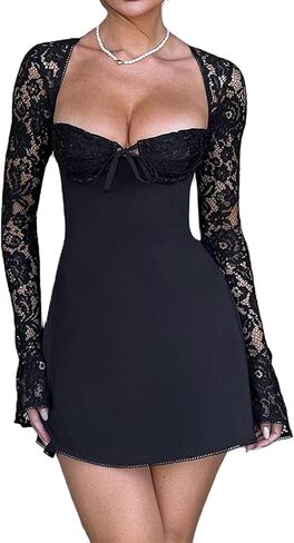 Women 's Elegant Bodycon Dress Lace Patchwork Long Sleeve Low Cut Mini Dress Backless Tie-up Going Out Dress in Kuwait