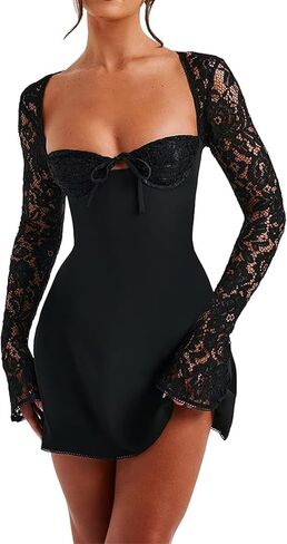 Women 's Elegant Bodycon Dress Lace Patchwork Long Sleeve Low Cut Mini Dress Backless Tie-up Going Out Dress in Kuwait