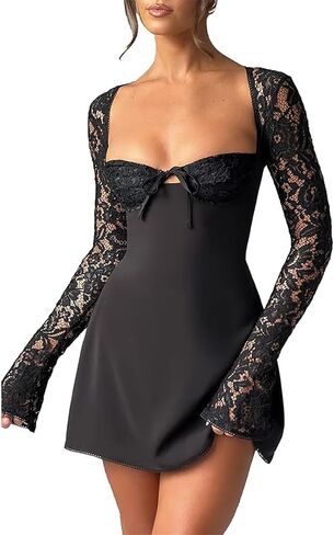 Women 's Elegant Bodycon Dress Lace Patchwork Long Sleeve Low Cut Mini Dress Backless Tie-up Going Out Dress in Kuwait