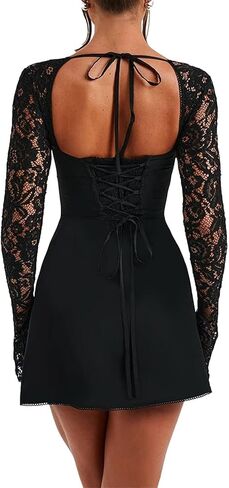 Women 's Elegant Bodycon Dress Lace Patchwork Long Sleeve Low Cut Mini Dress Backless Tie-up Going Out Dress in Kuwait