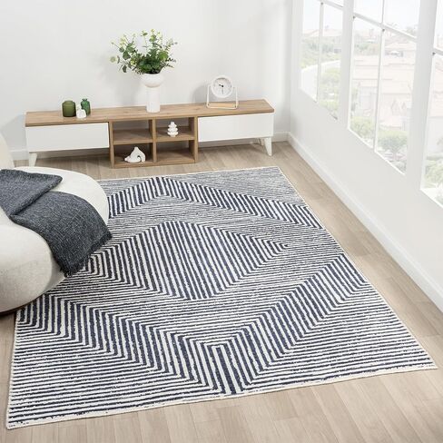 Indigo Ink - Washable Area Rug, Stain Resistant, Easy to Clean, Geometric Boho Decor, Ideal for Living Room, Bedroom, Office (5' x 7'', Panther Navy/White) in Saudi Arabia