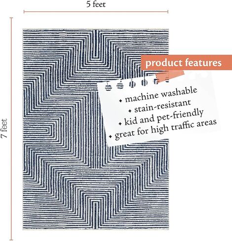 Indigo Ink - Washable Area Rug, Stain Resistant, Easy to Clean, Geometric Boho Decor, Ideal for Living Room, Bedroom, Office (5' x 7'', Panther Navy/White) in Saudi Arabia