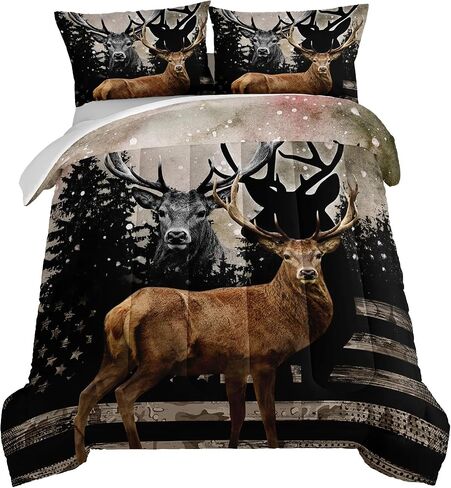 Hosima Snowy Forest Deer Comforter مجموعة مع اثنين من وسادات ، Camo American Flag Comforter الحجم الكامل صيد الفراش مجموعة الأساسيات في غرفة النوم في سن المراهقة ، الحياة البرية المعزي ، ديكور غرفة غرفة. in Kuwait
