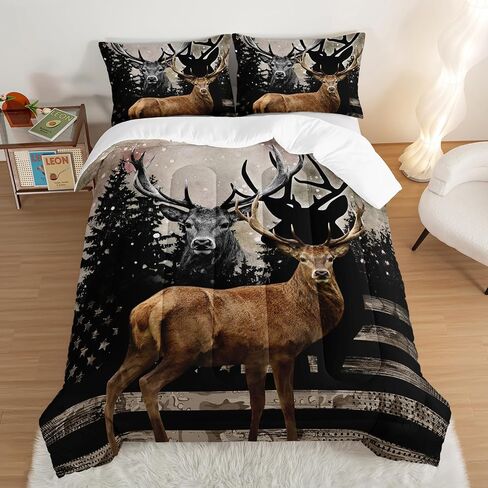 Hosima Snowy Forest Deer Comforter مجموعة مع اثنين من وسادات ، Camo American Flag Comforter الحجم الكامل صيد الفراش مجموعة الأساسيات في غرفة النوم في سن المراهقة ، الحياة البرية المعزي ، ديكور غرفة غرفة. in Kuwait