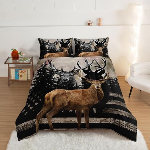 Hosima Snowy Forest Deer Comforter مجموعة مع اثنين من وسادات ، Camo American Flag Comforter الحجم الكامل صيد الفراش مجموعة الأساسيات في غرفة النوم في سن المراهقة ، الحياة البرية المعزي ، ديكور غرفة غرفة. in Kuwait