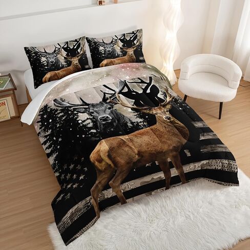 Hosima Snowy Forest Deer Comforter مجموعة مع اثنين من وسادات ، Camo American Flag Comforter الحجم الكامل صيد الفراش مجموعة الأساسيات في غرفة النوم في سن المراهقة ، الحياة البرية المعزي ، ديكور غرفة غرفة. in Kuwait