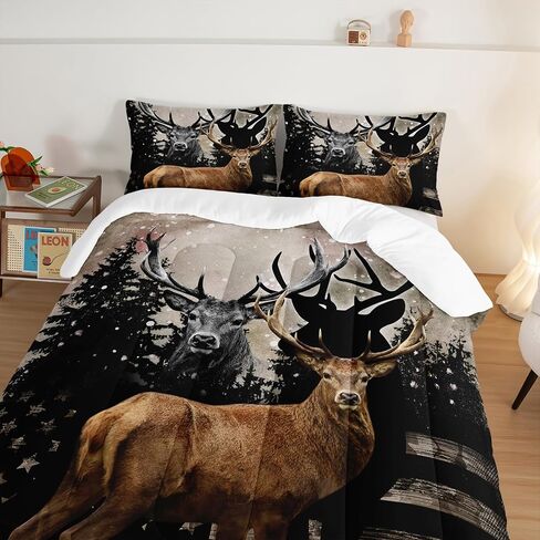 Hosima Snowy Forest Deer Comforter مجموعة مع اثنين من وسادات ، Camo American Flag Comforter الحجم الكامل صيد الفراش مجموعة الأساسيات في غرفة النوم في سن المراهقة ، الحياة البرية المعزي ، ديكور غرفة غرفة. in Kuwait