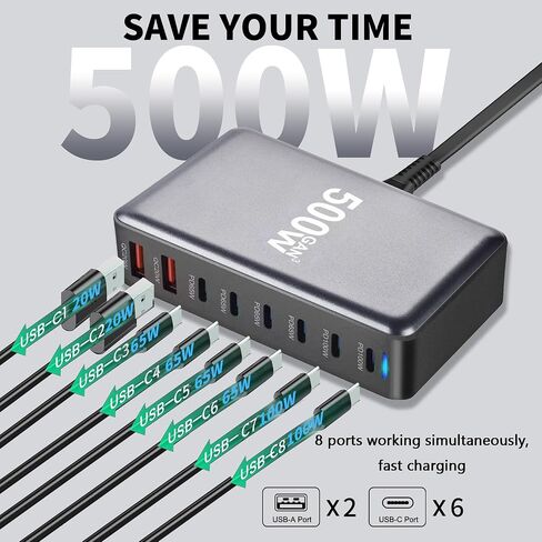 USB C Fast Charger 440W, USB C 8-Port Multi GaN Adapter Block, Charging Station Hub, Fast PD 100W 65W Laptop Adapter QC 18W for MacBook Pro/Air/All iPad, Samsung DELL, Steam Deck, iPhone 16/15 in Kuwait