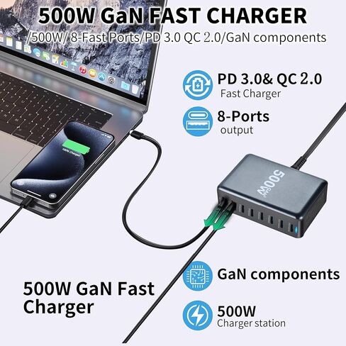 USB C Fast Charger 440W, USB C 8-Port Multi GaN Adapter Block, Charging Station Hub, Fast PD 100W 65W Laptop Adapter QC 18W for MacBook Pro/Air/All iPad, Samsung DELL, Steam Deck, iPhone 16/15 in Kuwait