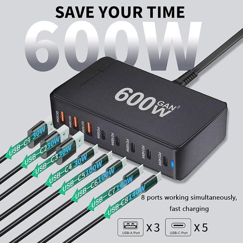 USB C Fast Charger 440W, USB C 8-Port Multi GaN Adapter Block, Charging Station Hub, Fast PD 100W 65W Laptop Adapter QC 18W for MacBook Pro/Air/All iPad, Samsung DELL, Steam Deck, iPhone 16/15 in Kuwait