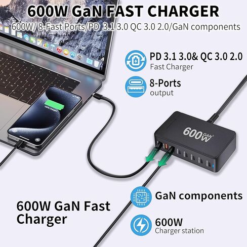 USB C Fast Charger 440W, USB C 8-Port Multi GaN Adapter Block, Charging Station Hub, Fast PD 100W 65W Laptop Adapter QC 18W for MacBook Pro/Air/All iPad, Samsung DELL, Steam Deck, iPhone 16/15 in Kuwait