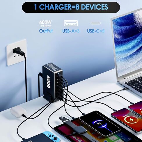 USB C Fast Charger 440W, USB C 8-Port Multi GaN Adapter Block, Charging Station Hub, Fast PD 100W 65W Laptop Adapter QC 18W for MacBook Pro/Air/All iPad, Samsung DELL, Steam Deck, iPhone 16/15 in Kuwait