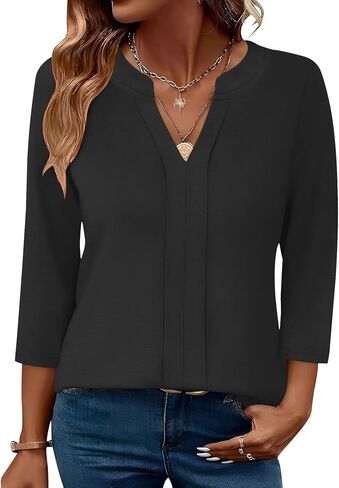 Micoson 3/4 Length Sleeve Womens Tops Dressy Casual V Neck Pleated Work Blouses Loose Fit Summer Business Shirts in Saudi Arabia