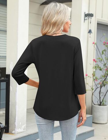 Micoson 3/4 Length Sleeve Womens Tops Dressy Casual V Neck Pleated Work Blouses Loose Fit Summer Business Shirts in Saudi Arabia
