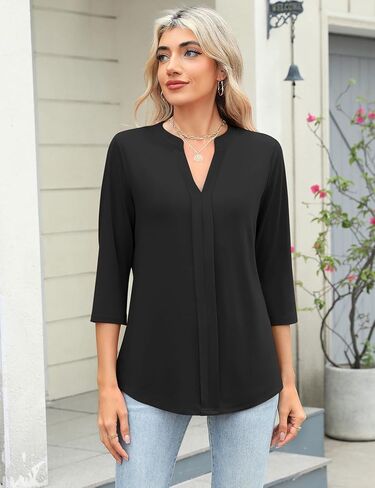 Micoson 3/4 Length Sleeve Womens Tops Dressy Casual V Neck Pleated Work Blouses Loose Fit Summer Business Shirts in Saudi Arabia
