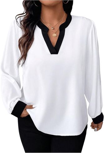 Soly Hux Women's Plus Tops Latched V Neck Long Sleeve Block Block Disual Work Plouse in Kuwait