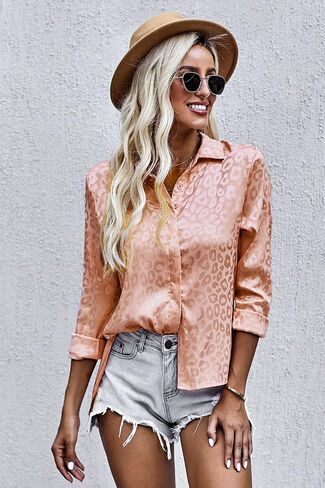 Women Summer Long Sleeve Lapel V Neck Button Down Shirt Casual Loose Fit Sequins Printed Blouses Top in Kuwait
