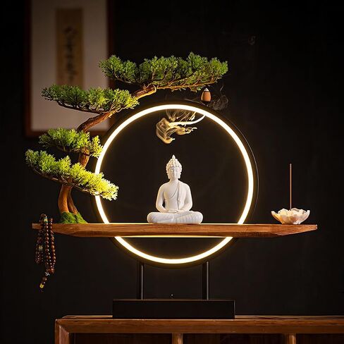 Shakyamuni Buddha Ceramic Statue Indoor Backflow Incense Burner with Led Ring Light，Meditation Decoration for Home and Office, Suitable for Cone and Stick Incense in Kuwait