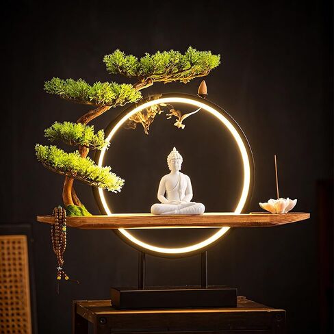 Shakyamuni Buddha Ceramic Statue Indoor Backflow Incense Burner with Led Ring Light，Meditation Decoration for Home and Office, Suitable for Cone and Stick Incense in Kuwait