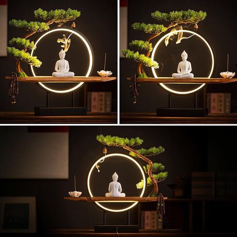 Shakyamuni Buddha Ceramic Statue Indoor Backflow Incense Burner with Led Ring Light，Meditation Decoration for Home and Office, Suitable for Cone and Stick Incense in Kuwait
