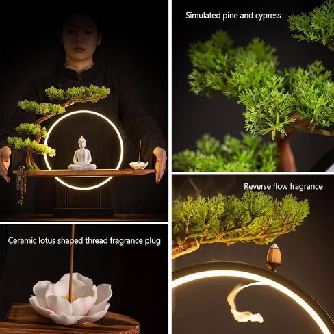 Shakyamuni Buddha Ceramic Statue Indoor Backflow Incense Burner with Led Ring Light，Meditation Decoration for Home and Office, Suitable for Cone and Stick Incense in Kuwait