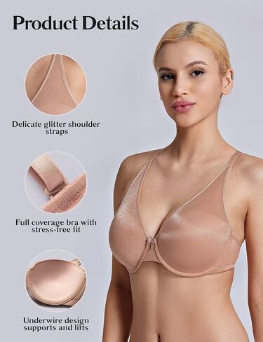 Deyllo Women's Sexy Glitter Mesh Deep V Plunge Bra Full Coverage Underwire with Adjustable Straps in Kuwait